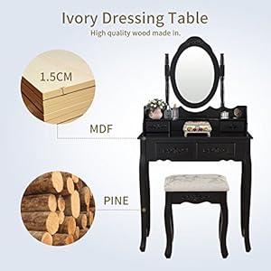 Vanity table setoval mirrorwood makeup table w4 drawer storagebedroom dressing table with cushioned stool for girls women black  urban country home decor