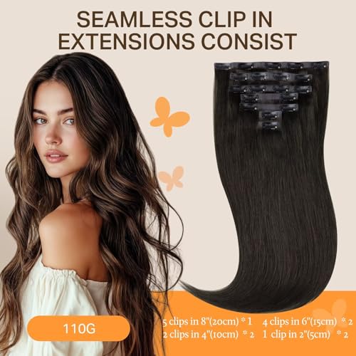 Image of DOORES Mocha Brown Real Human Hair Extensions, 7pcs 110g 16 Inch, Seamless Clip-in, Natural Straight, Invisi Edge