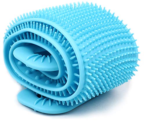 35 inch Silicone Back Shower Scrubber, Long Bath Exfoliating and Massage Belt Brush for Men and Women (Blue)