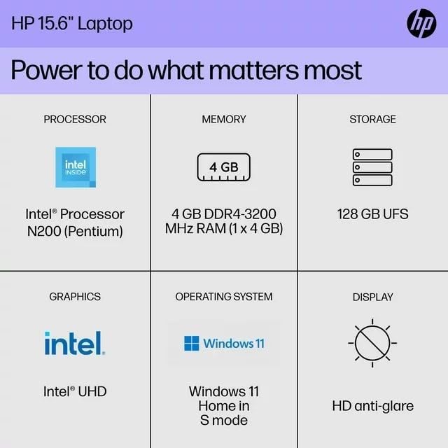 Image of HP 15.6 Inch Laptop with 1-Year Free Microsoft Office 365 | Intel Pentium N200, 4-Core CPU | 8GB RAM, 128GB SSD | Intel UHD Graphics | Full-Size Keyboard | Windows 11, Natural Silver