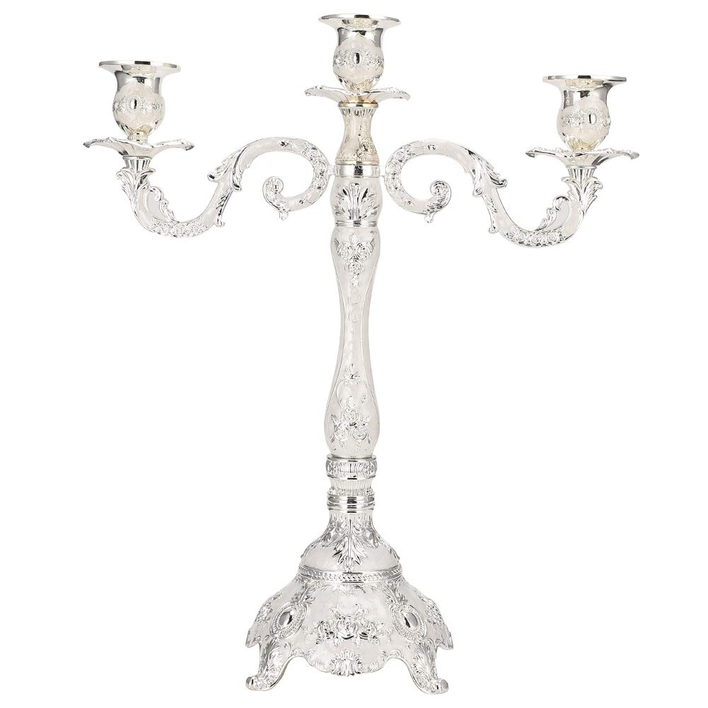 3 Arms Metal Candle Holder, 17 inch Tall Vintage Candelabra Candle Holder European Style Candlesticks Holders Centerpiece for Wedding Dining Table Party Home Decor(Silver)