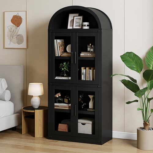 GarveeHome Arched Bookshelf with Doors Farmhouse Bookcase 15.83in Depth Display Storage Shelves 71.4in Tall Wooden Display Cabinet Rounded Bookcases for Living Room, Kitchen, Office (Black)