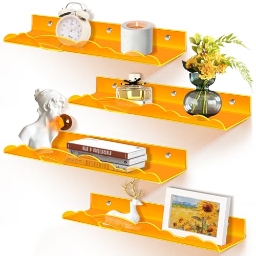 wooshwa Etagere Étagère Murale Salle de Bain Cuisine Murales sans Percage Chambre Acrylique Lot de 4, 2 Façons de Montage pour Salon Cuisine Bureau Salle de...
