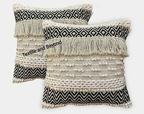 Image of Cushion - Boho Handloom Cotton Cushion Cover - Square Decorative Pillow Case Sofa, Couch, Chair, Kitchen, Bedroom, Room, Office, Set of 1, 16x16 Inches, Elegant Design