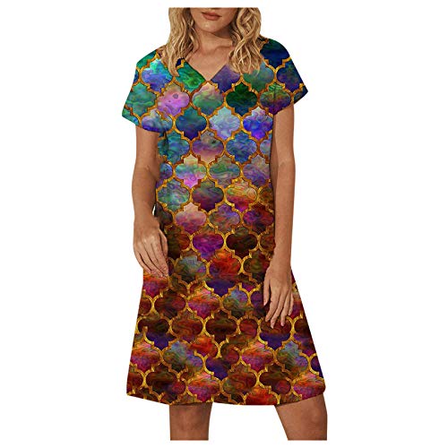 Sommerkleid Damen Elegante Kleider für Damen, Party, Sommer, lässig, V-Ausschnitt, Wabendruck, A-Linie, Kurze Ärmel, Midi-Sommerkleider Rot A XL EU 42 Cover