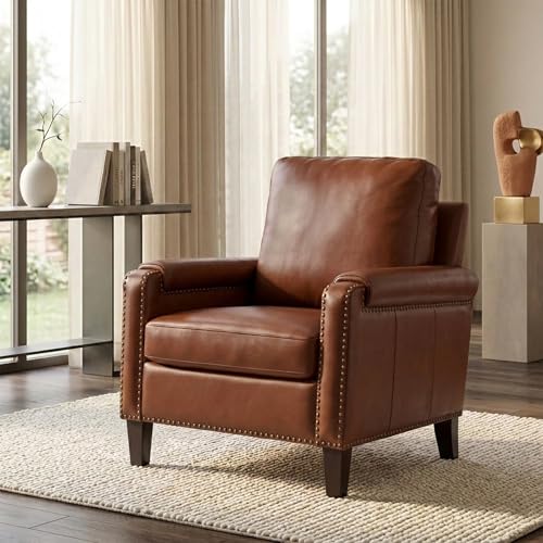HULALA HOME Genuine Leather Accent Chair with Solid Wood Legs Brown