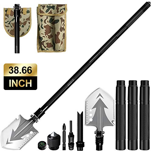 Fierre Shann Military Folding Shovel Foldable Multitool Portable Survival Tool with Hoe, Compass
