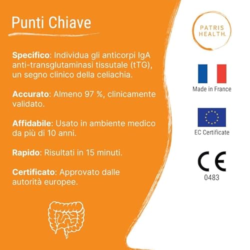 2X Patris Health® Test Per La Celiachia - Rileva Anticorpi Di Tipo Iga Contro Alla Transglutamitasi Tissutale (Ttg-Iga) - 2