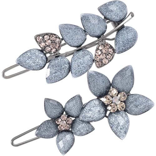 HINZIC 2Pcs 2inch Vintage Rhinestone Hair Clips Gray Flower Crystal
