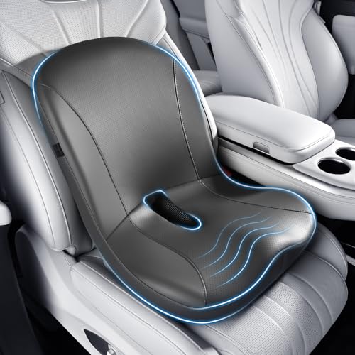 Image of Coverado Car Seat Cushion and Lumbar Support Pillow One Piece, Napa Leather Memory Foam Ergonomic Back Support Driving Seat Cushion for Back Pain, Non-Slip Washable Cushion for Car, Driver, Office