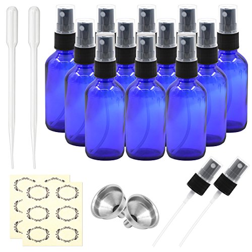 Pack of 12, 2 oz Cobalt Blue Glass Spray Bottles with Black Fine Mist Sprayers by Mavogel,Including 2 Extra Black Fine Mist Sprayers, 2 Stainless Steel Mini Funnel, 2 Transfer Pipettes, 12 Labels