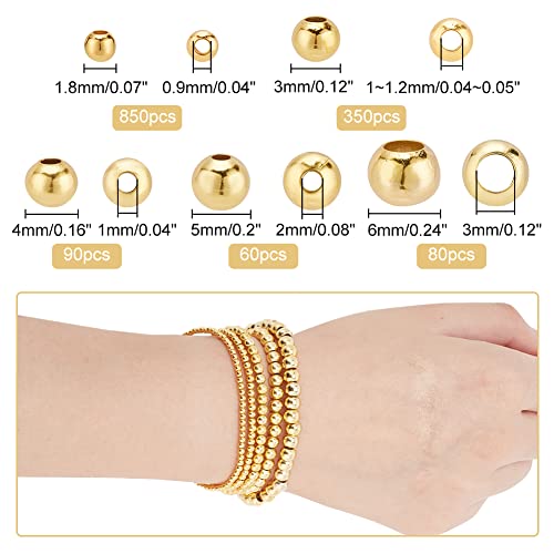 PandaHall 1430pcs Goldene Abstandsperlen, 5-Größen Messing Runde Glatte Perlen Abstandshalter Separate Perlen Spacer Beads Lose Metallperlen für Armband Halskette Schmuck Herstellung Supplies