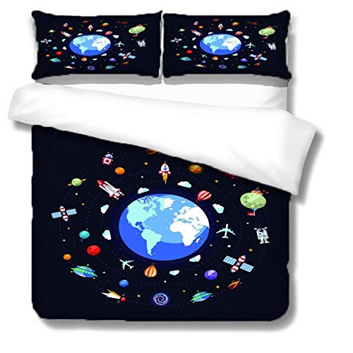 UDUVOG Parure De Lit Enfant - 3 Pièces Fusée Spatiale De Dessin Animé - Housse De Couette 140X200Cm + 2 Taies d'oreiller 3D Ensemble De Literie avec Fermetures Éclair Hypoallergénique Couette De Lit Cover