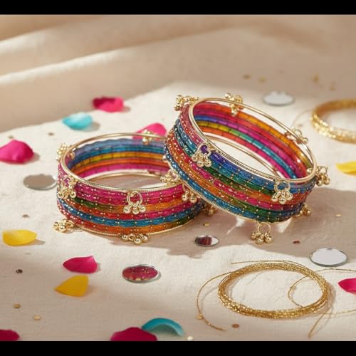 Image of Kashmiri Ghangharoo Glass Bangle Set for Women| Light Weight Bangles | Traditional Transparent Fancy Glass Chudi Set for Wedding, Party|Set Of 16(12 Glass + 4 ghungroo bangles)