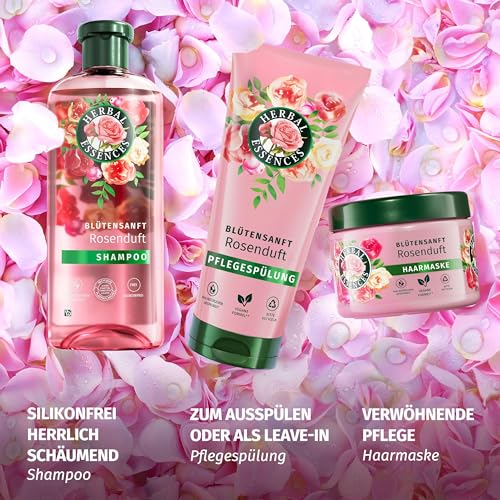 Herbal Essences Blütensanft Shampoo mit Rosenduft 350ml. Von stumpfem Haar zu seidig glänzendem Haare, Mit Rosenessenz, Inhaltsstoffe natürlichen Ursprungs, Vegan, ohne Silikone