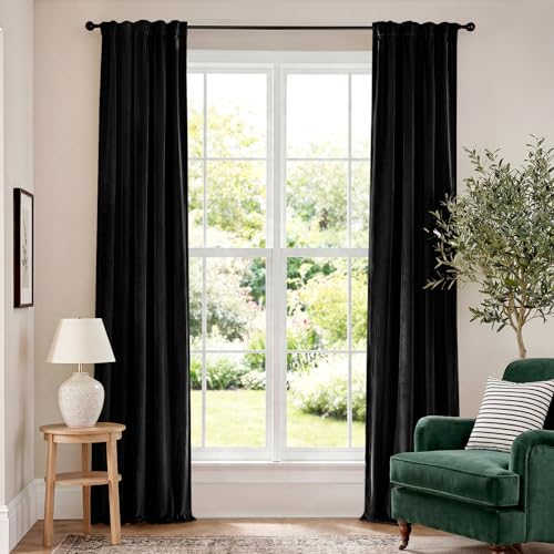 Image of Blackout Black Velvet Curtains Rod Pocket 42x90 Inch 2 Panels | Soft Velvet, For Bedroom & Living Space, Light Shifting Texture, Elegant Drape, Classic