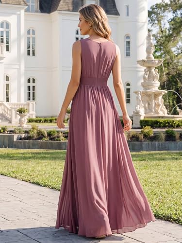 Image of Ever-Pretty Women's Chiffon Sleeveles Summer Formal Wedding Guest Dresses Ruched A Line Hollow Out Crew Neck Bridesmaid Dress