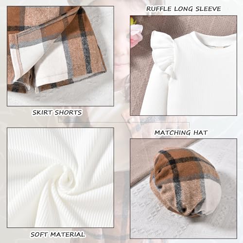 Image of HINTINA Toddler Girl 4 Pieces Outfits Ruffles Long Sleeve Tops Plaid Skirt Jacket And Hat Fall Winter Clothes Set