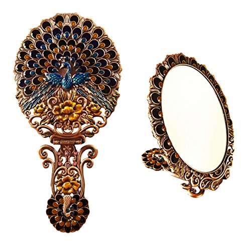Ivenf Extra Large Size Vintage Oval Make-Up Hand/Table Mirror, Dress Table Decoration, Spreading Tail Peacock, Rose Copper