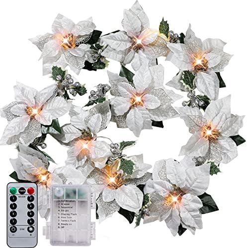Zubebe 2 Pcs Prelit Poinsettia Christmas Garland with String Ligh...
