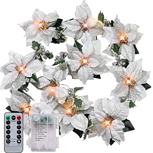 Zubebe 2 Pcs Prelit Poinsettia Christmas Garland with String Ligh...