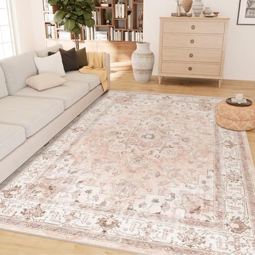 Machine Washable 5×7 Area Rugs for Living Room Vintage Rugs Carpet Rugs Non Slip Low Pile Water Repellent Soft Print Pattern for Bedroom Indoor Decor Polyester Rug Pink