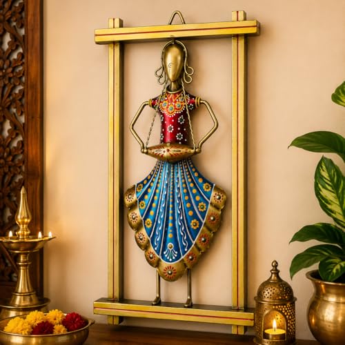 Image of iHandikart Handmade Metal Wall Art| Traditional Rajasthani Lady Wall Hanging Decor | Hand-Painted Iron Wall Sculpture with Stone Work | Home Decor for Living Room & Bedroom Office | 13 x 7 Inch