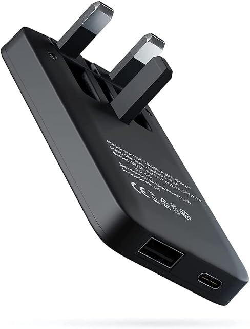 TWICK 20W Ultra Slim USB-C PD & USB QC 3.0 Fast Charger Folding UK Plug | USB Type C & USB Travel Adapter | iPhone 14/13/12/11/X/8 lPad | Samsung Galaxy Z/S22/S21/20/10/Note 20/10/Ultra+ (BLACK)