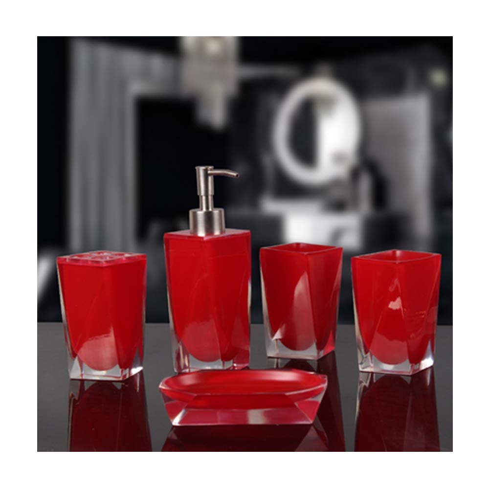 Juego de Accesorios de Baño de Resina Conjunto de Baño con Porta Cepillo de Dientes, 2 Tazas, Dispensador de Jabón Líquido, Jabonera,Rojo