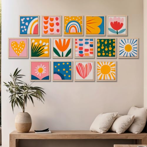Image of NoWorries Colorful Abstract Wall Painting Set of 15 with Frame | Modern Rainbow, Heart, Sun, Floral & Geometric Art Prints for Kids Room, Nursery, Bedroom, Playroom, Living Room and Home Wall Decor (Art-3, Frame Size-10x10 inches)