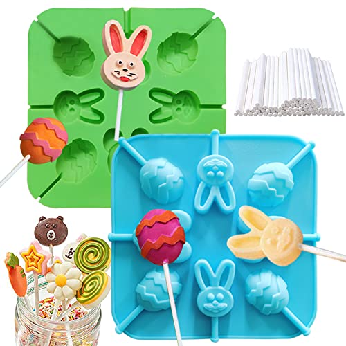 Easter Rabbit Mouse Silicone Molds Tray，2X8 Cavity Chocolate Hard Candy Sucker Molds， Easter Bunny & Egg For Kids Baking Birthday Party With Lollipop Sticks（Green,Blue) #TOP22