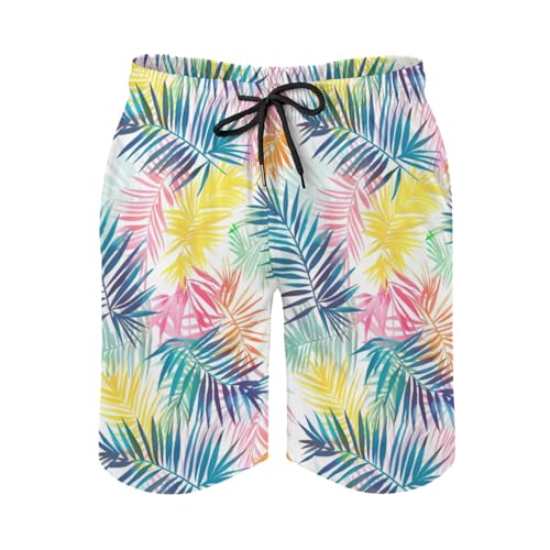 Colorful Palm Leaves Men's Swim Trunks Hawaiian Tropical Leaves Summer Surfing Shorts Bathing Pants with Pockets