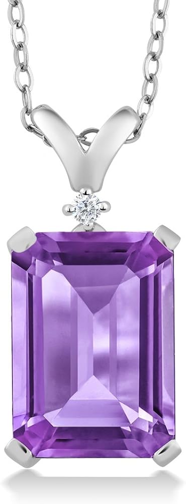 Gem Stone King 925 Sterling Silver Purple Amethyst and White Diamond Pendant Necklace For Women (6.52 Cttw, Emerald Cut 14X10MM, With 18 Inch Silver Chain)