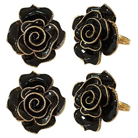 Kalopro Black Napkin Rings Set of 4,Flower Rose Napkin Holder Rings Buckles,Bloom Napkin Holders Set for Table Decoration Wedding Valentine’s Christmas Easter Dinner Party(Black Rose) … Cover