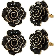 Black Napkin Rings Set of 4,Flower Rose Napkin Holder Rings Buckles,Bloom Napkin Holders Set for Table Decoration Wedding Valentines Christmas Easter Dinner PartyBlack Rose ...