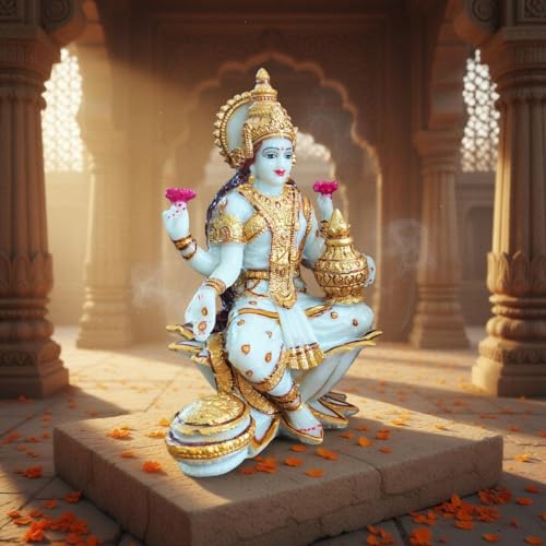 Image of YASHONIDHI Lakshmi Devi Marble Dust Idol, 7 Inches, White and Gold, Goddess Laxmi MATA Murti, for Pooja Room, for Home Decor, Office Decoration, for Good Luck and Wealth, Gift for All Occasions