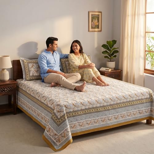 Image of Mafatlal Heritage 144 TC Cotton Double Bedsheet with 2 Pillow Covers | Designer Bedsheet Double Bed, Elegant Home Decor, Premium Look | 90 x 100 Inches | Satin Gold