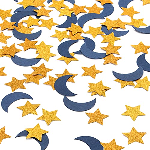 Image of Navy-Blue Moon Gold Star Confetti - 300pcs Glitter Twinkle Little Star Table Confetti Eid Ramadan Mubarak Decoration Birthday Wedding Baby Shower Party Decor Lasting Surprise