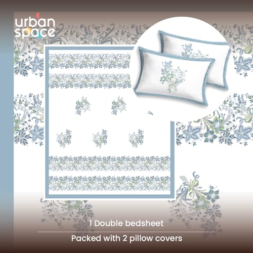 Image of Urban Space 100% Cotton Jaipuri Handblock Printed Double Bedsheet with 2 Pillow Covers, 200 TC Cotton Bedsheet (Size 90 x 100 inches, Taarini Blue)