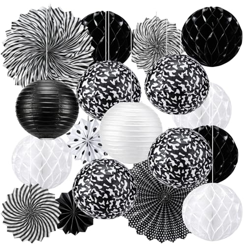 Image of Retisee 18 Pcs Composition Book Classroom Decoration Kits Black and White Composition Book Hanging Paper Lanterns Paper Fans Honeycomb Balls Decor for Back to School Classroom Party Decoration