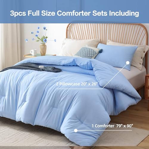 Image of ROSGONIA Full Size Comforter Sets for Girls Boys Kids Light Blue, 3pcs Comforter Full Size (1 Comforter & 2 Pillowcases) Lightweight Dorm Bedding Sets