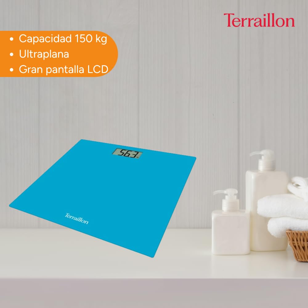TERRAILLON - Báscula de baño electrónica - Ultraplana, Encendido/Apagado automático, Gran pantalla LCD, 150kg - TX1500, Azul