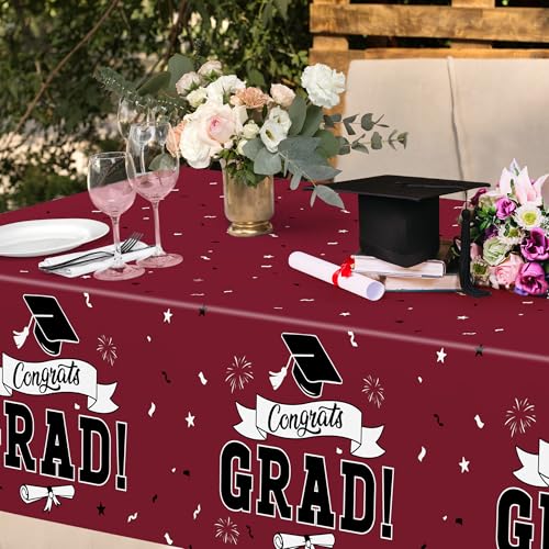 Image of 2Pcs Graduation Decorations 2026, 108 inch X 54 inch Maroon Graduation Tablecloths, Rectangle Table Covers for Class of 2026 Congrats Grad, Disposable Plastic Tablecover for Grad Decor Party Supplies for Kids