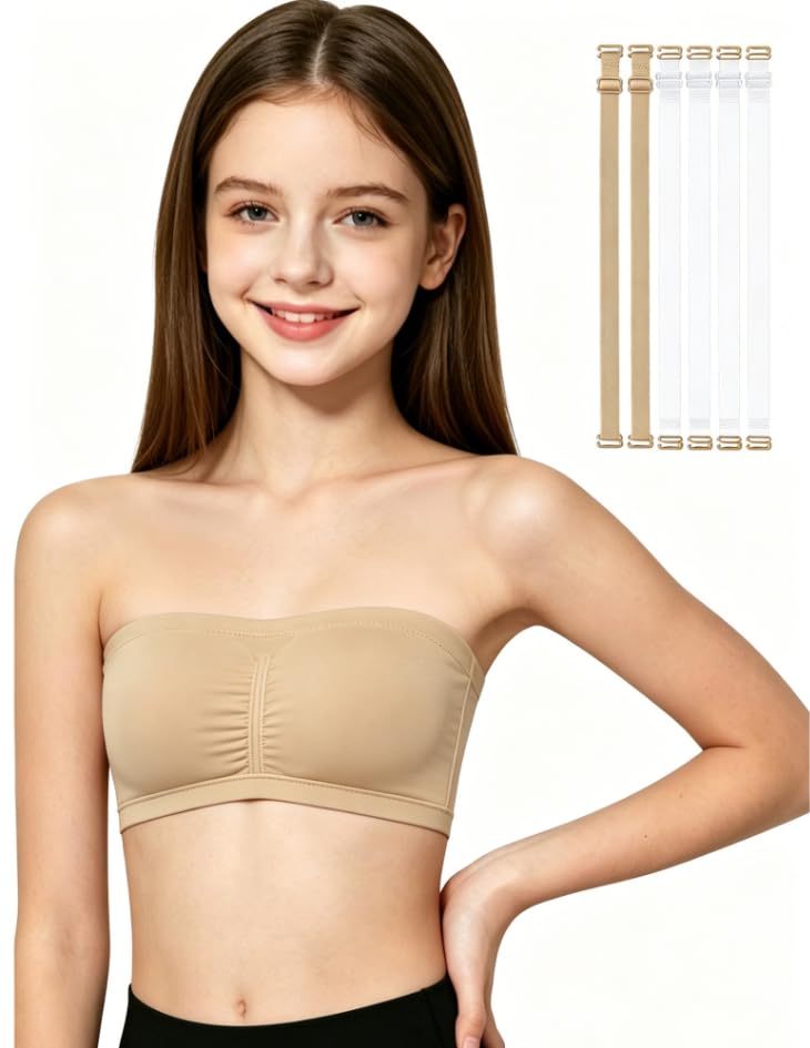 DANSHOW Girls Seamless Bandeau Bra for Teen Girls Training Sport Crop Top with 2 Pairs of Clear Straps Chest Padding(HY8F-18-1-L)