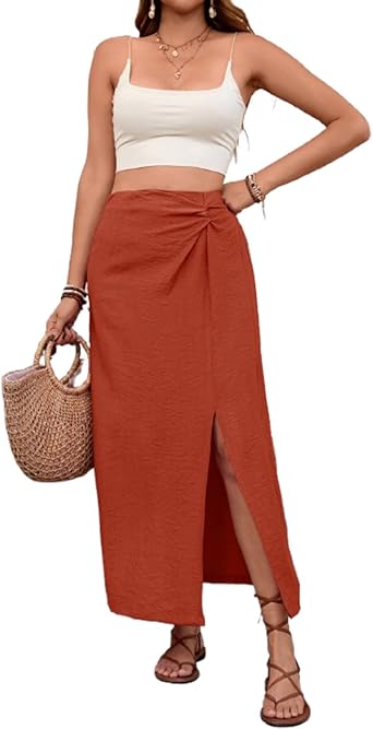 Womens Crinkle Texture Slit Bodycon Skirt - Solid Color Viscose-Nylon Blend Casual Skirt with Side Slit