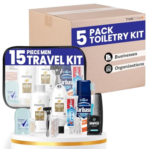 Trektote Bulk Hygiene Kit For Men – (5 Pack) 15 Piece Set Of Travel Size Toiletries, TSA Compliant, Bulk Travel Essentials, Includes Shampoo And Conditioner, Shaving Cream, Toiletry Bag & More
