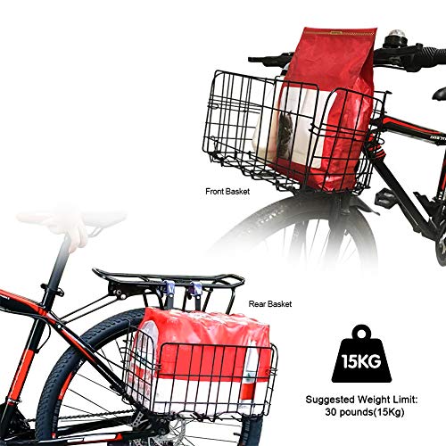 Wiel Bike Basket with Black Liner Rainproof Cover, Folding Steel Bicycle Basket Easy Install to Front Handlebar or Rear Rack, Heavy-Duty Metal Wire Bearing 33 lbs for Commuter Grocery Shopping Picnic
