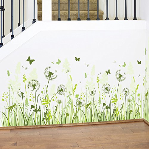 Wmdecal Removable Wall Sticker Peel And Stick Green Grass Dandelion And Butterfly Wall Decal For Living Room #TOP1