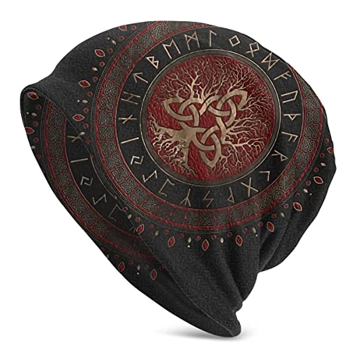 C2Jew Vikings Beanies Mütze Schwarz-Rote Strickmützen Damen Herren Mütze Hip-Hop Mütze Slouchy Outdoor-Caps 10 6 × 11 Zoll Yggdrasil Triquetra