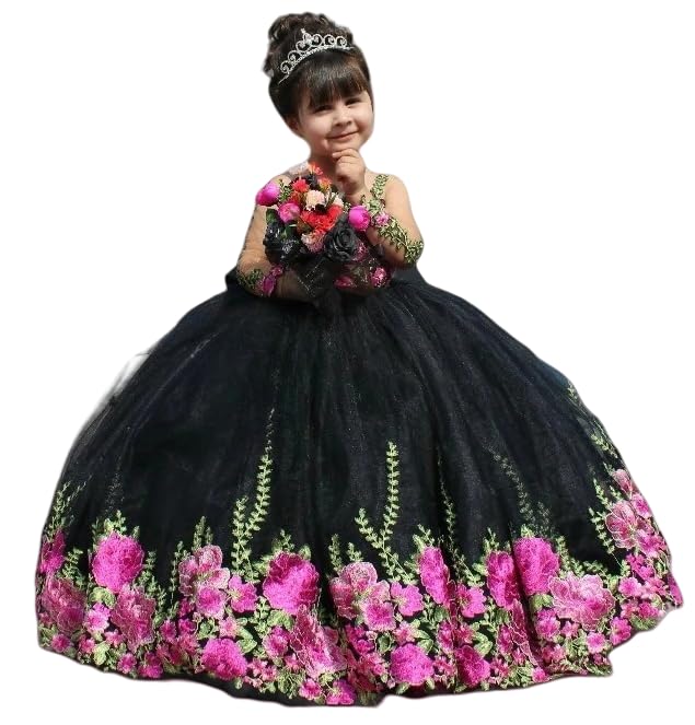 GZCYL Mexican Charro Dresses Black Flower Girl Dress Embroidery Gala Dress for Little Girls